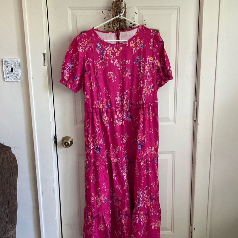 SHEIN Pink Crew Neck Midi Sundress Casual Short Sleeve
